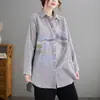 Camisa de Algodón Bordada de Longitud Media y Manga Larga 2026, Rayada Versátil Artística Talla Grande Blusa Holgada
