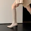 Botas de Tacón Alto Estilo Cómic Elásticas Adelgazantes Caña Alta Tres Colores Tacón Grueso Adelgazante Cremallera Lateral Suede SW Botas Largas Tallas Grandes