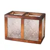 Porta-Canetas de Vidro Embossado Flor Begônia Retrô com Base de Madeira Sólida, Compartimento Duplo, Recipiente de Armazenamento para Papelaria e Diversos de Mesa de Escritório, Ornamento