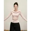 Blusa de tricô ombro a ombro com mangas compridas para mulheres, adequada para outono e inverno, camada interna estilo francês acinturada, suéter de estilo suave