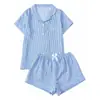 Europa 2026 Verano Conjunto de Pijama de Burbuja Crepé para Mujer Manga Corta Simple Azul Ropa de Casa Venta Directa de Fábrica