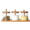 Juego de Tres Frascos para Condimentos de Vidrio con Tapa de Bambú, Ecológico con Cuchara y Base, Organizador de Almacenamiento Cuadrado para Condimentos de Cocina