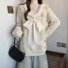 2025 Nuevo Otoño e Invierno Cuello en V Punto con Lazo Estilo Francés de Alta Gama Jersey de Punto con Panel de Piel Sintética para Mujer