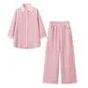 Comercio Electrónico Transfronterizo Conjunto de Dos Piezas para Mujer Estilo Europeo y Americano Nueva Moda Camisa Rayada Raya Vertical Cintura Elástica Conjunto de Pantalones Largos
