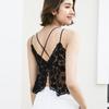 Top Camisola de Renda Preta Primavera e Verão 2025 Colete Feminino Sexy Costas Bonitas Bojo Fixo Tubinho Fino Top de Amarrar no Peito Longo