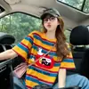 Camiseta Estampada Jovem Color Block Retro Tendência Manga Curta para Mulheres, Moda Verão, Estilo Relaxado, Oversized, Top Emagrecedor
