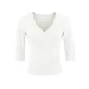 Camiseta Sexy de Estilo Europeo y Americano con Escote en V y Cruz al Frente, Verano Ajustada, Ceñida a la Cintura, Fruncida, Jersey de Manga Media