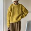 Suéter Pulôver de Lã Bouclé Cor Sólida Gola Redonda Feminino 2025 Outono e Inverno Novo Estilo Loose Coreano Cruzado Estilo Preguiçoso Suéter de Tricô