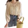 Camisa de manga comprida bordada caseira chique estilo coreano, camisa fina de verão feminina, gola redonda, slim fit, top solto com protetor solar