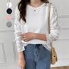 Ventas Directas de Fábrica 4 Colores Buena Calidad Otoño e Invierno 2024 Nuevo Estilo Japonés y Coreano Camiseta de Manga Larga Suelta de Color Sólido con Encaje y Cuello Redondo para Mujer