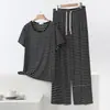 Conjunto de Pantalones de Pierna Ancha de Manga Corta con Cuello Redondo y Rayas de Verano para Casa para Mujer Holgado Tallas Grandes Se Puede Usar Afuera Conjunto Casual de Dos Piezas