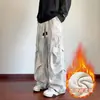 Calças tie-dye retrô estilo americano, calças casuais masculinas com forro de fleece para outono/inverno, perna reta, corte solto, plissadas, estilo paraquedas, calças compridas de perna larga