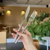 Cuchillo y Tenedor de Acero Inoxidable 304 con Mango de Bambú, Cubiertos Occidentales Creativos Estilo Hotel, Juego Doméstico de Cuchillo, Tenedor y Cuchara para Bistec 3D
