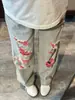Calça Jeans Rasgada Color Block Estilo Retrô Americano Transfronteiriça para Homens, Marca Tendência de Verão Cleanfit Calças de Corte Reto, Calças Largas Flare