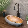 Lavabo de encimera retro con veta de madera sintética, lavabo creativo grande de forma ovalada para balcones de casa de huéspedes