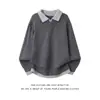Nuevo top de moda otoño e invierno para hombre con cuello de solapa, suéter casual retro de bloques de color, tejido de punto de moda de dos piezas falsas
