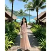 Conjunto único, suave y hermoso: un vestido plisado rosa completo, falda larga de línea A femenina de verano, transfronterizo
