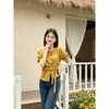 Blusa Puff Manga Bufante Estilo Francês Personalizada com Amarração para Mulheres, Novo Design de Verão, Ajusta na Cintura, Emagrece, Versátil, Manga Curta