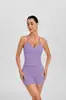 Conjunto de yoga ZORA en stock dfyn de top sin mangas con cuello halter y shorts para mujer, ropa deportiva fitness sin costuras, conjuntos de yoga