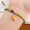 Pulsera de Pegaso con Carácter de Fortuna Chapada en Oro Estilo Antiguo, Nueva Pulsera de Calabaza de Turquesa Azul Estilo Retro Chino, Venta al por Mayor, Color Duradero