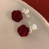 Brincos de tarracha Veludo Vermelho Rosa, brincos de laço flor feminina, clip de orelha flockado doce elegante sem furo para orelha