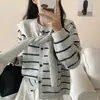 Cardigã de tricô listrado casual soltinho, versátil, estilo coreano, para outono e inverno, com design único e apelo de nicho, para mulheres