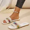 Chinelos Planos Tecidos Estilo Boho para Mulheres, Sandálias de Praia, Chinelos Antiderrapantes da Moda, Tamanhos Grandes 36-43