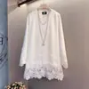 Outono Inverno Novo Estilo Feminino Manga Longa Patchwork Renda Acabamento Casual Solto Versátil Camada Base Top