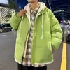 Jaqueta Masculina de Algodão com Capuz Falsa Duas Peças Cor Blocada Espessa Quente Cordão Inverno Tendência Casual Peça Superior
