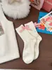 Meias Grossas de Inverno para Mulheres, Meias Slouch de Lã com Laço no Meio da Panturrilha, Meias Fofas Estilo Coreano para Mulheres, Meias Coloridas de Lã com Pontos