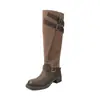 Botas de Caballero Bloque de Color de Piel de Vaca para Mujer, Nuevo Estilo Otoño e Invierno Botas Altas hasta la Rodilla de Cuero Genuino con Punta Redonda y Tacón Grueso Medio para Mujer, Botas Altas