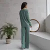 Conjunto de Duas Peças para Casa Moda Nova Primavera 2025 Europeu e Americano Transfronteiriço com Gola Redonda Manga Longa Top com Recortes e Calça