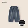 Roupas Infantis Bangxuan: Calça Comprida Simples e Versátil para Crianças Maiores, Jeans para Meninos, Calça Curva para Meninas com Forro de Lã para o Inverno, Calças Infantis