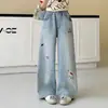 Calça Jeans Wide-Leg com Estampa de Gato para Meninas 2026 Nova Primavera e Outono Estilo Coreano Tendência Casual Calças para Crianças Maiores
