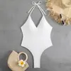 Nuevo Traje de Baño de una Pieza de Comercio Exterior Europeo y Americano con Cuello Halter Espalda Descubierta Grande Sexy para Mujer Amazon Transfronterizo