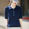 Camiseta de Punto de Algodón Puro con Cuello Polo de Manga Corta para Mujer, Diseño de Botones en Color Verano, Elegante y Juvenil, Top Transpirable de Media Manga