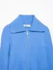 Comércio Exterior Amazon Transfronteiriço Primavera Venda Quente Roupas Femininas Cardigã de Tricô com Zíper e Gola Azul Suéter Curto com Ajuste na Cintura