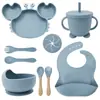 Juego de Alimentación para Bebé de Silicona de Grado Alimenticio de 9 Piezas, Plato con Ventosa de Cangrejo, Vaso Entrenador de Oso, Babero Impermeable, Kit Completo de Vajilla para Niños Pequeños Libre de BPA para Comer Solo