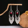 Pendientes Bohemios Azules de Turquesa Estilo Étnico Europeos y Americanos, Pendientes de Borla de Metal Plateado Imitación, Joyería de Borla Vintage para Orejas al por Mayor