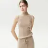 Chegada Nova Outono 2026 100% Caxemira Pura Versátil Estilo Minimalista Blusa de Tricô Feminina Sem Mangas Gola Alta