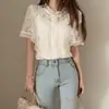Camisa de Encaje Nueva de Verano 2025 para Mujer Color Sólido Cuello Redondo Manga Corta Ganchillo Hueco Holgada Cuadros Más Fácil de Combinar Camisa Estilo Occidental