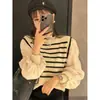 Top de punto de rayas blancas y negras de dos piezas falso para mujer, nuevo suéter corto de retazos suave estilo coreano para primavera/otoño