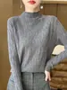 Tejido de Punto de Cuello Alto a Media Altura con Textura de Corteza de Árbol, Nuevo Tejido de Punto de Manga Larga Otoño e Invierno para Mujer, Elegante Camiseta Básica