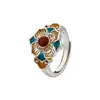 Anillo de Flor con Patrón de Tesoro de Plata Pura 9999, Esmalte Estilo Chino con Incrustaciones de Oro, Diseño Ajustable, Perfecto como Regalo Navideño para un Amigo