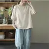 2026 Novo Estilo Artístico Simples Casual Manga Curta Camiseta para Mulheres Verão Solta e Versátil Cor Pura Casual Pulôver Top para Mulheres