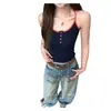 3640# Primavera Nuevo Color Block Camisola Acolchada Diseño de Botones Versátil Tirante Delgado Crop Top Mujer