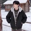 Chaqueta de Montaña con Capucha Estilo Retro Americano de Explorador, Terciopelo, Águila Americana, Ropa de Algodón con Terciopelo Plus, Top de Invierno para Pareja, Chaqueta de Piel Sintética para Hombre