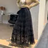 Ropa de mujer: Falda de malla abullonada con pliegues de burbuja, de cintura alta, línea A fluida, corte holgado, dobladillo ancho, falda de capas para mujer en otoño