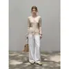 Suave top de punto acanalado con cuello en U para mujer, primavera y otoño, tejido de punto de manga larga con lazo en la cintura, imitación de dos piezas con encaje