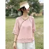 Blusa retro bordada estilo chinês artístico, gola diagonal de algodão e linho étnico chinês, nova camisa de verão com botões, corte solto e mangas de três quartos